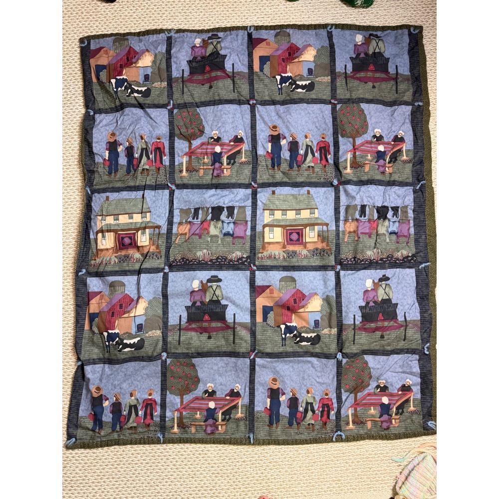 Vintage Amish Country Farmhouse Patchwork Throw Quilt Folk Art Farm Scenes 40x46